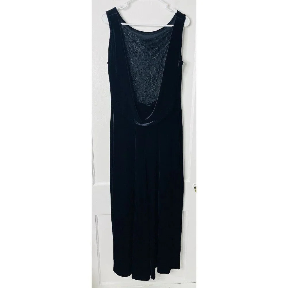 Vtg Plaza South Dress 10 Maxi Black Draped Lace Back Cut Out Witchy Velvet Goth